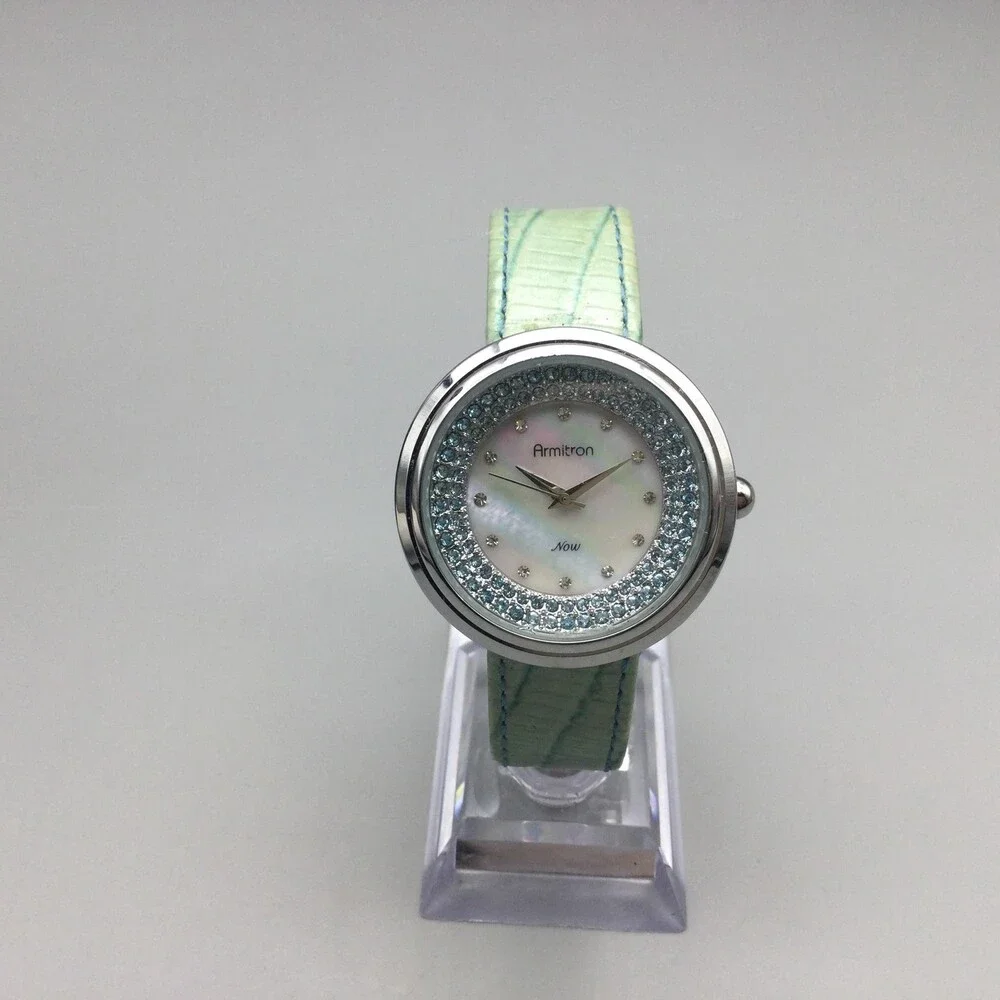 Armitron Womens Watch 35mm MOP Dial Green Leather Crystal Bezel New Battery